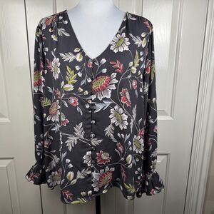 LOFT Women Blouse Sz M Charcoal Floral VNeck Long Sleeve Button Down Ruffle Cuff